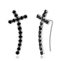 Retro Iconic Cross Sterling Silver &amp; Black Cubic Zirconia Ear Crawler Earrings - £10.17 GBP