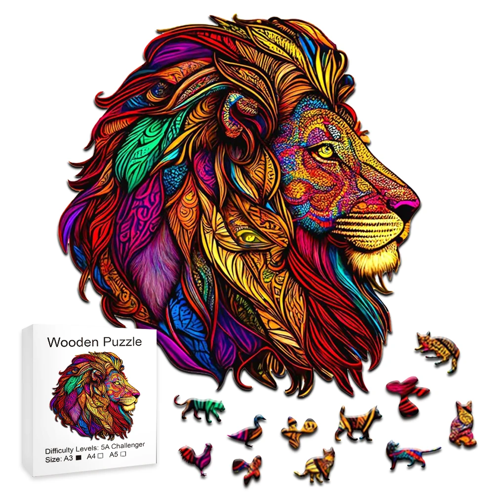 Animals Wooden Puzzles Lion Wood Toy Irregular Shape 3D Jigsaw DIY Crafts Family - £6.53 GBP+