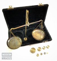 Brass Antique Finish Jewelry Balance Scale with Velvet Box &amp; Complete We... - £34.01 GBP