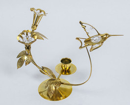 Austrian Crystal Delight Hummingbird Flowers Candle Holder 24K Gold Plated - £16.15 GBP