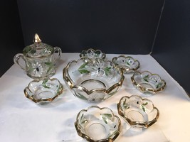 Antique Vtg Enameled Glass Berry Bowl Set 8 Piece Covered Sugar Gold Rims Floral - £41.95 GBP