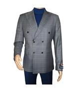 Men&#39;s Mono Double Breasted Blazer Super 180s Wool 1523-01 Gray Blue Plaid - $4,702.78 MXN