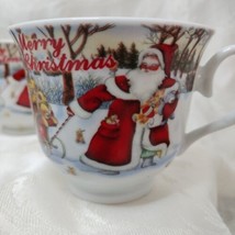 Set Of 6 Coffee Cups Merry Christmas Santa Pulling A Slate W/Bears &amp; Dog... - $20.36