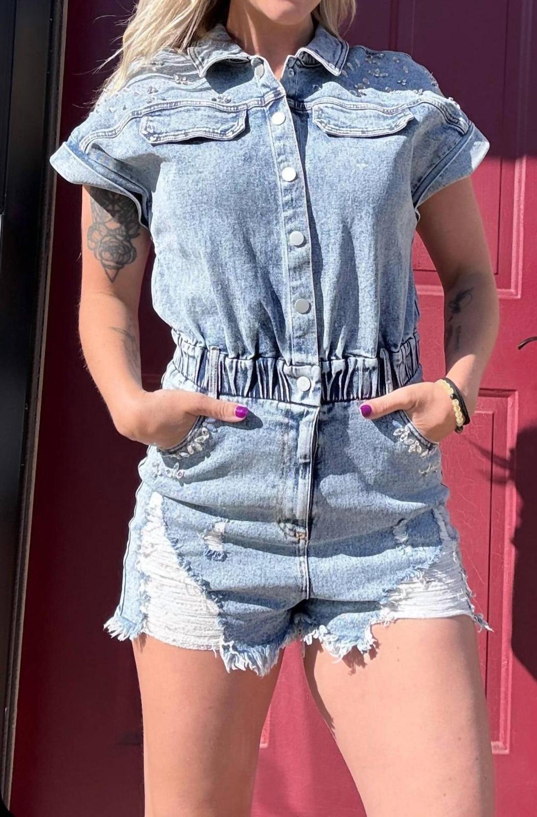 Blue B Distressed Embellished Stone Denim Romper Stone-Washed - $54.00