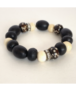 Tribal Style Brown Cream Black Rhinestone Beads Stretch Bracelet 5.7” - £7.10 GBP