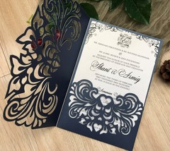 50pcs Pocket Laser Cut Invitations Cards,Navy Blue Laser Cut Wedding inv... - £44.62 GBP