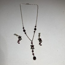 Beautiful Sterling Silver &amp; Red Garnet 16” Figaro Necklace &amp; Earrings - £38.59 GBP
