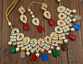 Indian Bollywood Gold Plated Kundan Choker Necklace Earrings Tikka Jewelry Set - £59.98 GBP