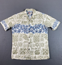 Hilo Hattie Shirt Mens Large Tan Blue Floral Hawaiian Cotton Tropical Lightweigh - £15.44 GBP