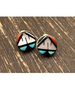 Vintage Zuni Sterling Silver Inlay Earrings, Turquoise Coral Onyx Mother... - $65.00