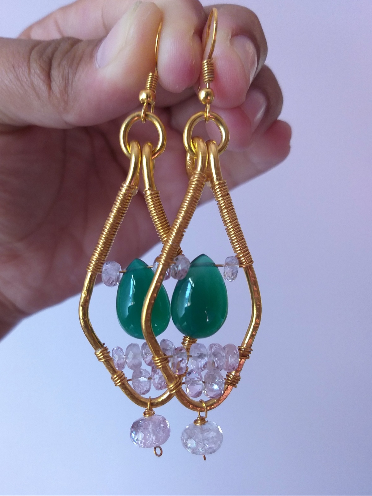 Primary image for Natural Green Onyx and Round Morganite Beads Earrings 