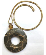 Large Polished Brown Veined Agate Stone Donut Necklace on 36&quot; Gold Tone ... - £5.48 GBP
