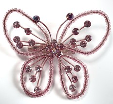 Lg Translucent Pink Seed Bead BUTTERFLY Pin Brooch w Pink Rhinestones Handmade? - $11.75