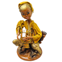 Pixie Elf Musician Harp 13 Inch Gold Velvet Vintage Hong Kong Plastic Figurine - £39.32 GBP