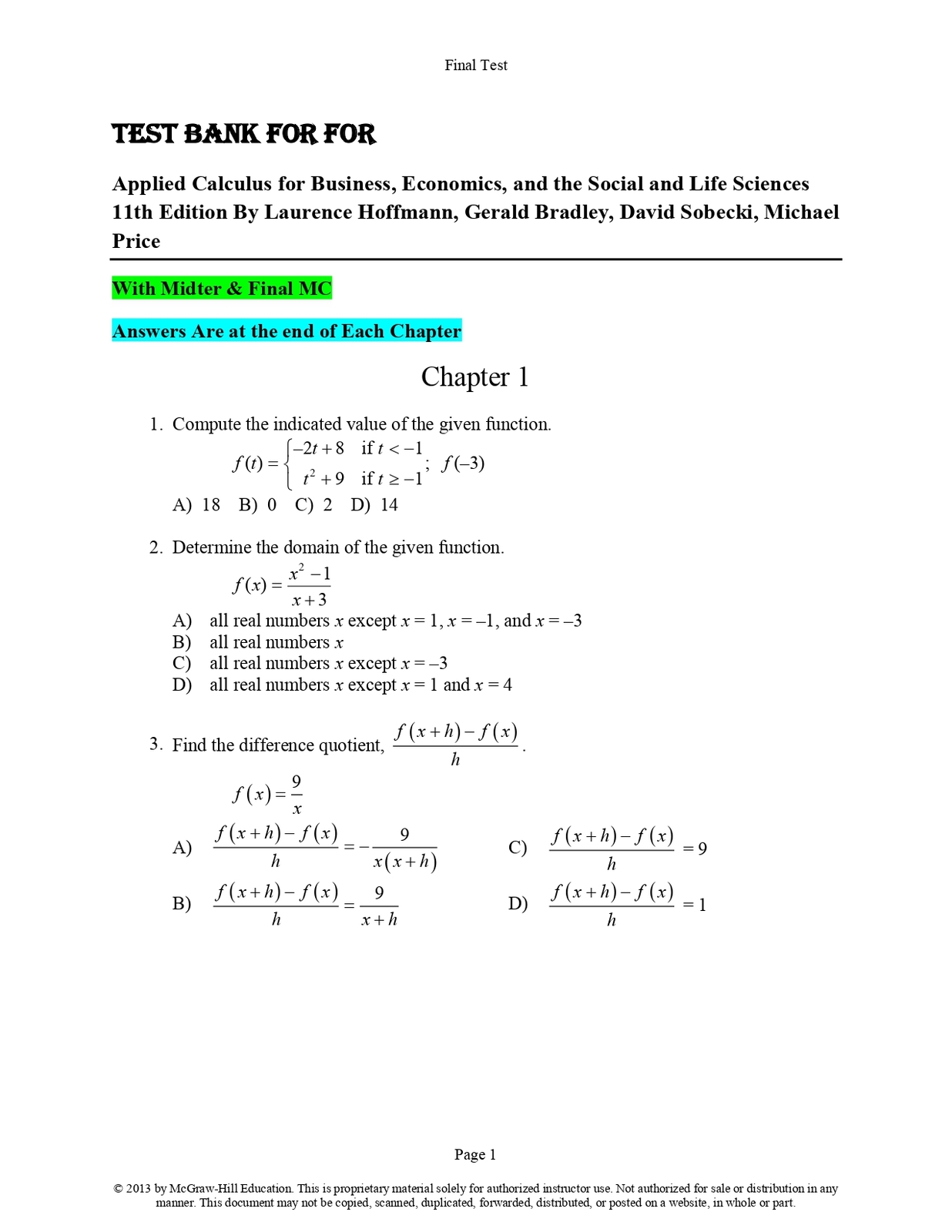 Test Bank For Applied Calculus for Business, Economics, and the Social a... - $17.99
