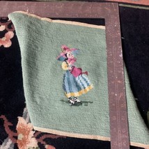 vtg handmade needlepoint finished work Lady watering flowers 10&quot; x 8” - £11.53 GBP