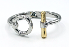 Stainless Steel Open Circle Gold Tone Bar Hinged Bangle Cuff Bracelet - £18.77 GBP
