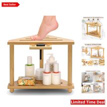 Elegant Bamboo Corner Shower Seat with Storage Shelf for Bathroom Essent... - $72.22