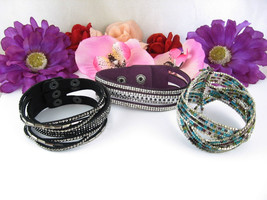 Lot 3 Vintage Bracelets Rhinestones Glass Seedbead Wrap Black Purple Faux Suede - £15.58 GBP