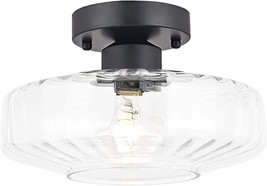 Modern Flush Mount Light Fixture Textured Glass Shade Matte Black Light Fixtures - £62.22 GBP