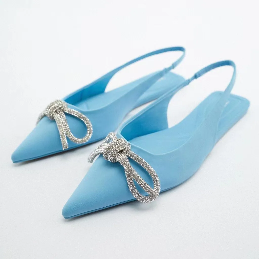 TRAF Summer 2024 ZA Bow Flat Shoes Women   Woman Shoe  Rhinestone Flat-heeled Sh - £151.56 GBP