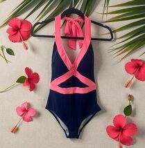 Boden Womens Size 10R Navy Blue Pink Tie Neck One Piece Swimsuit V neck - €19,76 EUR