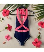Boden Womens Size 10R Navy Blue Pink Tie Neck One Piece Swimsuit V neck - €19,51 EUR