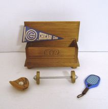 Dollhouse Miniature 1:12 Vintage Wood Toy Chest with Sports Baseball Barbell - £23.55 GBP