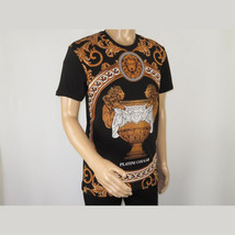 Mens PLATINI Sports Shirt With Rhine Stones Lion Medallion Chain SS3560 Black image 3