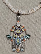 Ornate Enamel Hamsa Protection Amulet Spotted Puka Shell Necklace Vintage - £18.98 GBP