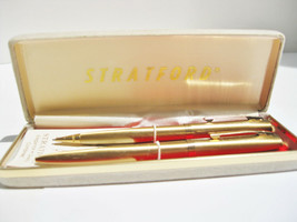 Vintage Stratford Pen And Pencil Set Gold Tone in original clam case - £12.75 GBP