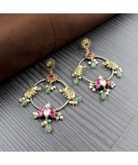 Indian Real 925 Silver Dangle Natural Emerald Pearl Jhumka Two Tone Earr... - $2,361.83 MXN