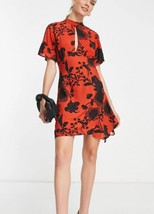ASOS Women&#39;s Red/BlackFloral Keyhole Short Sleeve Mini Dress High Neck 2 NWOT - £17.15 GBP
