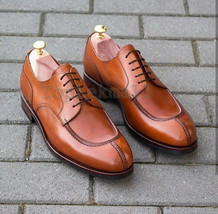 Handmade Men’s Leather Oxfords Wingtip Brown Tone Formal Rounded Apron S... - £174.10 GBP