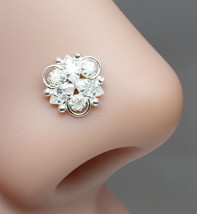 Ethnic Indian Floral 925 Sterling Silver White CZ Studded Twisted nose ring 22g - £9.11 GBP