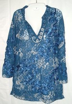 Lauren Michelle Women&#39;s Blue Embellished Lace Blouse Top Sheer M Boho fe... - £11.79 GBP