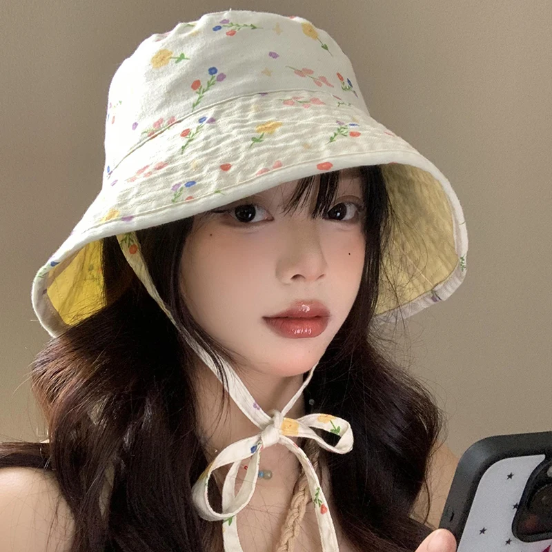 Ins Sweet Double-sided Strap Bucket Hats Show Face Small Summer Japanese Retro - £17.33 GBP