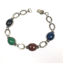 Link Bracelet 7.5&quot; Vintage Sterling Silver-14K Multi Color Oval Cabochon - $39.00