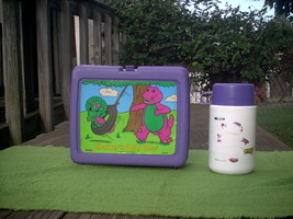 Vintage1992 Barney &amp; Baby Bop Purple Plastic Lunchbox w/Thermos The Lyons Group - £5.46 GBP