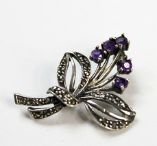 Sterling Silver Amethyst Bouquet Brooch Marcasite Stones Vintage 4.7g - $49.49