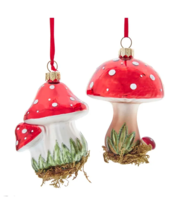 Kurt Adler Set Of 2 Glass 4" Red & White Mushroom Christmas Ornaments - £18.28 GBP