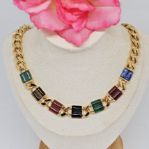 Vintage Gold Tone Gem Stone Cuban Link Choker Necklace Aventurine Tiger&#39;s Eye - £20.13 GBP