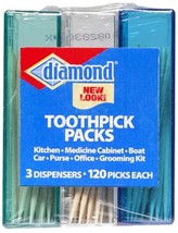 Diamond TOOTHPICK PACKS 360 Wood TOOTHPICKS in 3 Dispenser pocket purse ... - $15.07