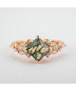 Princess Moss Agate Engagement Ring with Moissanite Rose Gold Ring - $7,371.40 MXN+