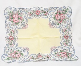 Vintage Handkerchief Flowers Pink Yellow Blue 11&quot;  Scrolls - $14.84