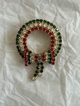 Vtg Christmas Holiday Wreath Brooch Pin w/ Glitzy Rhinestones Gold Tone ... - $9.90