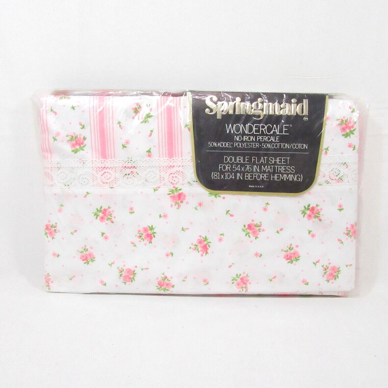 SPRINGMAID Dimity Delight Floral Stripe Pink Lace Trim Full/Double Flat Sheet - £31.60 GBP