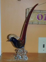 Art Glass Quail / Bird Red Blue 13.5&quot; gold sommerso unmarked Italian Murano - $58.49