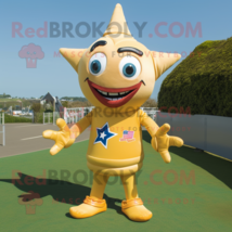 Gold Starfish mascot costume character dressed with a Rugby Shirt and Ties - £924.79 GBP