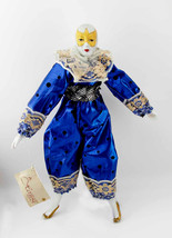 Musical Porcelain Clown Doll Yellow Butterfly Makeup Harlequin Blue Polka Dots b - £23.46 GBP
